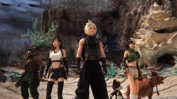 La bande d'amis dans Final Fantasy VII Rebirth, Barret, Tifa, Cloud, Cait Sith, Yuffie, Nanaki