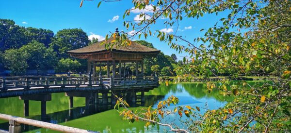 Un kiosque au milieu d'un lac relié par un ponton en bois. Le ciel est bleu et la végétation bien verte.